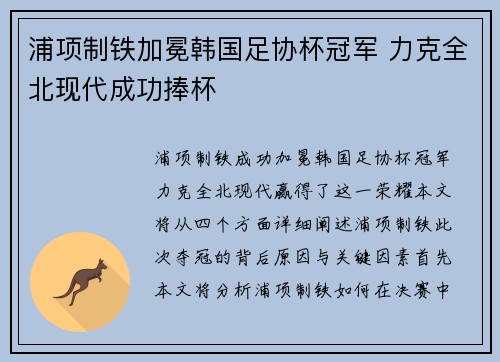 浦项制铁加冕韩国足协杯冠军 力克全北现代成功捧杯